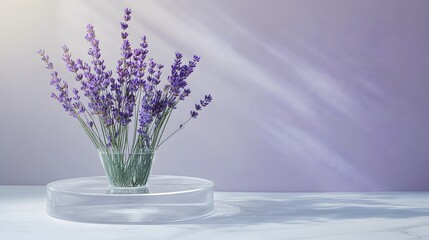 A transparent podium with a soft lavender background, offering clean space for product presentation.