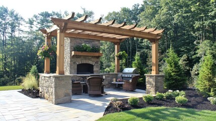 Naklejka premium Outdoor Kitchen with Stone Fireplace and Pergola