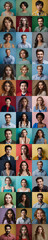 Fototapeta premium Inclusive Photo Collage of Studio Portraits Featuring Diverse Men and Women from Various Ethnic Backgrounds, Highlighting Unique Expressions and Colorful Backgrounds for Versatile Creative Projects