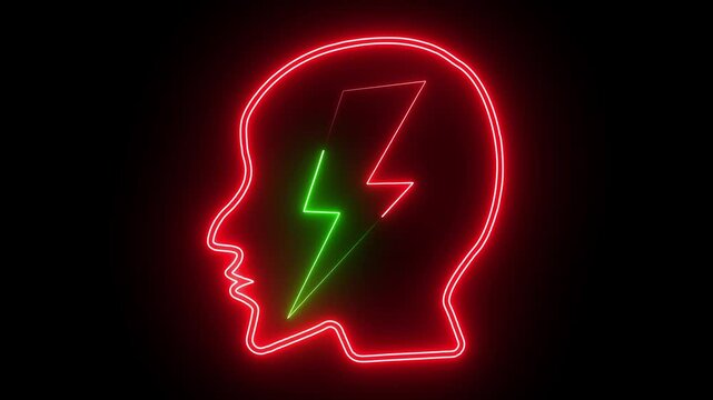 A neon man's face and hand icon with charging energy pulses, glowing vibrantly, and animating with dynamic light transitions, symbolizing power, energy flow, and futuristic technology.