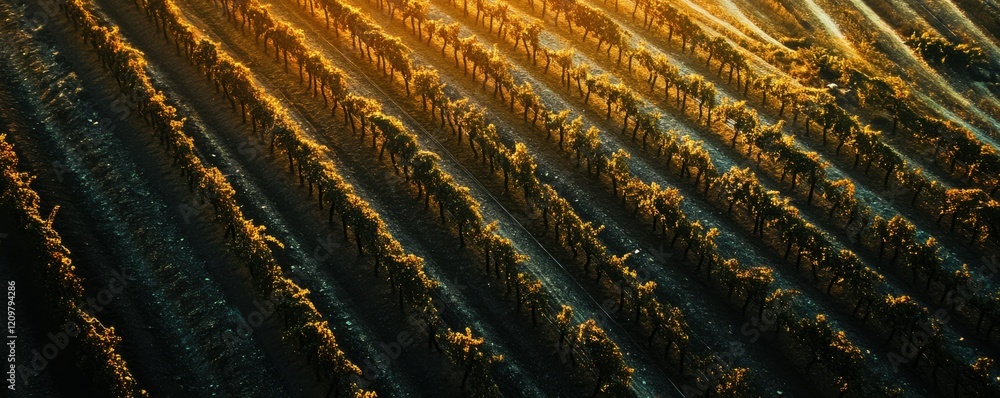 Poster aerial view of a vineyard with rows of grapevines under golden hour lighting.