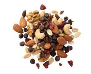 Delicious trail mix isolated on a white transparent background, featuring nuts, dried fruits, and chocolate pieces, high-resolution cutout perfect for packaging, advertising, or product mockups