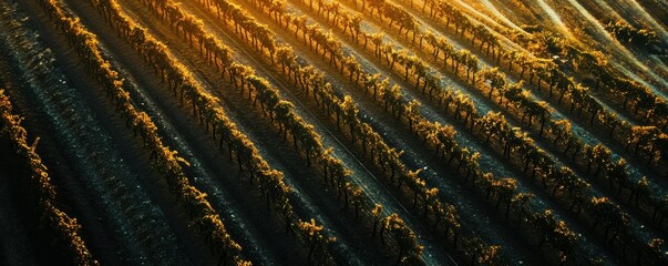 Aerial view of a vineyard with rows of grapevines under golden hour lighting.