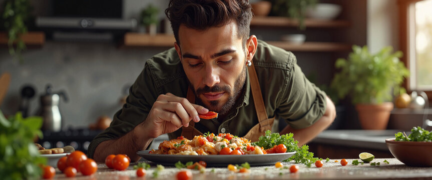 Young Middle-Eastern man savoring dish in modern kitchen, gastronomic delight