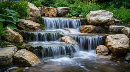 Naklejka premium Serene Cascading Waterfall in a Garden