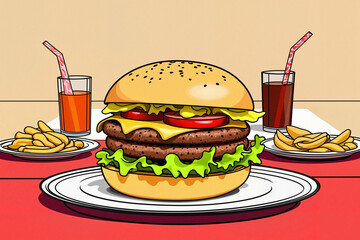 Retro Diner Double Cheeseburger Spread in Bold Comic Book Style