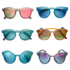 Stylish round sunglasses in vibrant colors with reflective lenses isolated on transparent background