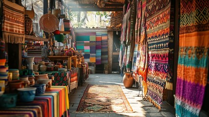 Obraz premium Vibrant Market Pathway Surrounded by Colorful Textiles and Crafts