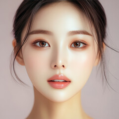 Fototapeta premium young korean asian woman with flawless skin and natural makeup, showcasing serene expression. Her hair is styled elegantly, enhancing her youthful appearance