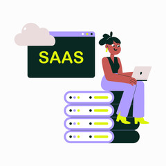 Female Sitting On Servers With SaaS Interface In Flat Vector Illustration Symbolizing Cloud Technology, Data Management, And Software, Isolated On White Background