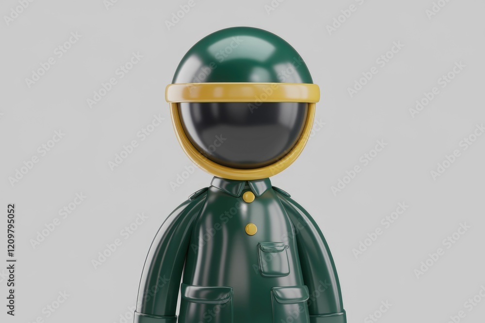 Poster a 3d render of a stylized cartoon character wearing a green uniform and helmet.