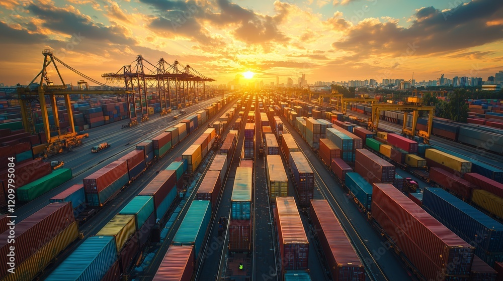 Poster sunset over container port with stacked cargo shipping containers