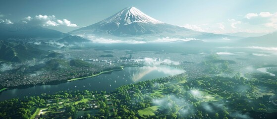 Aerial view of a serene landscape featuring a majestic mountain, lush greenery, and a tranquil lake