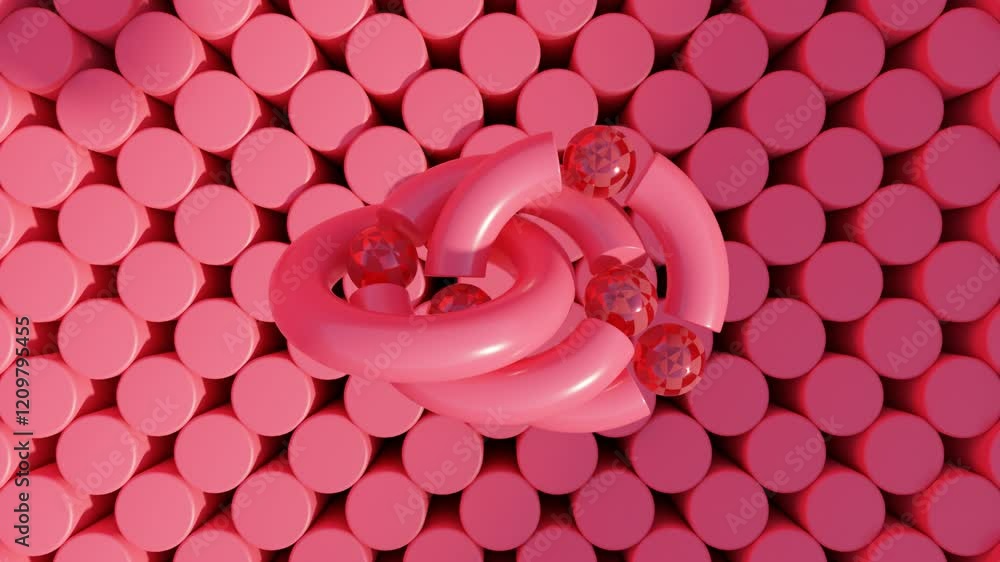 Aufkleber vibrant raspberry red 3d animation of rotating torus and floating spheres – abstract seamless loop m