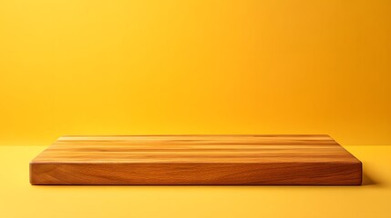 A polished wooden podium on a bright yellow background with ample empty space for product placement.