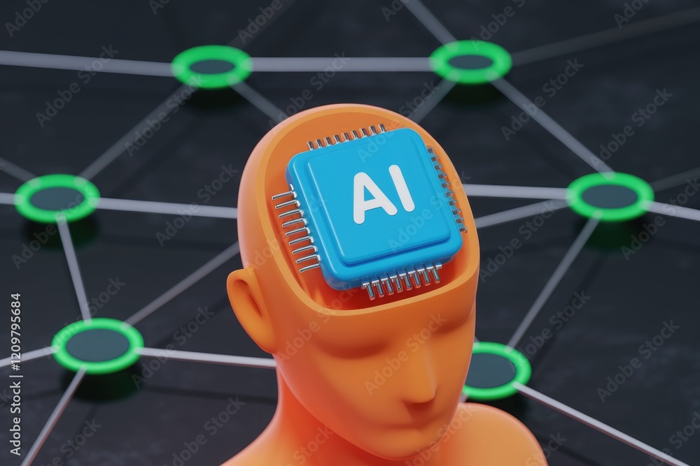 Aufkleber ai chip inside a human head, representing artificial intelligence and neural networks.