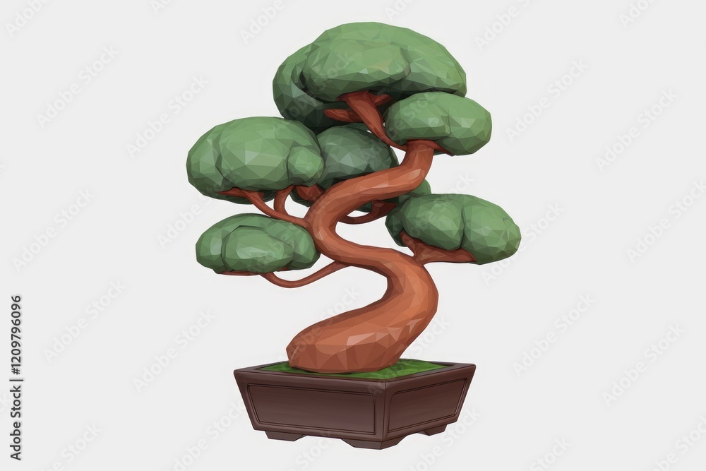 Poster Low-poly 3D model of a bonsai tree in a brown pot, showcasing detailed branches and foliage.