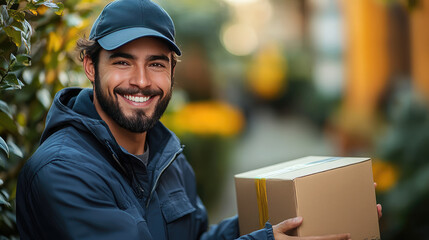 Smiling delivery driver holding package in vibrant outdoor setting. cheerful expression and warm colors create friendly atmosphere