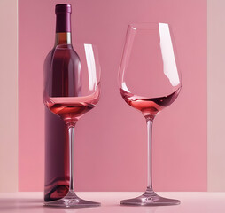two glasses of red wine with flowers on light pink plane background valentine day event or party enjoying lovers party moments  