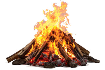 Massive campfire with crackling wood and fierce flames isolated on transparent background