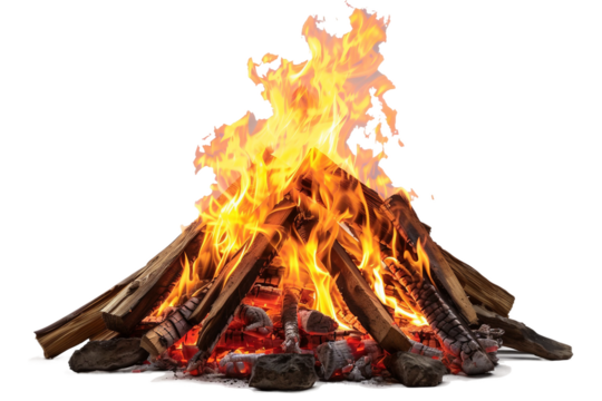 Massive campfire with crackling wood and fierce flames isolated on transparent background