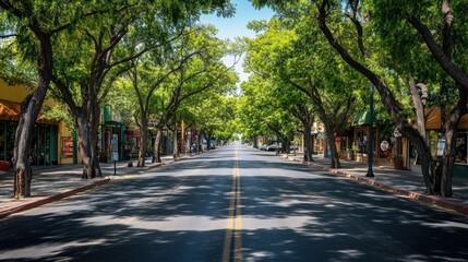 Tranquil Street Scene: A Picturesque Tree-Lined Avenue in a Charming Town