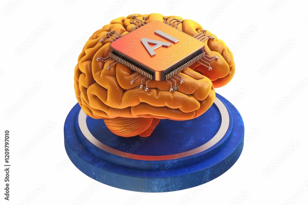Poster ai integrated with human brain; a conceptual 3d illustration showing the fusion of artificial intell