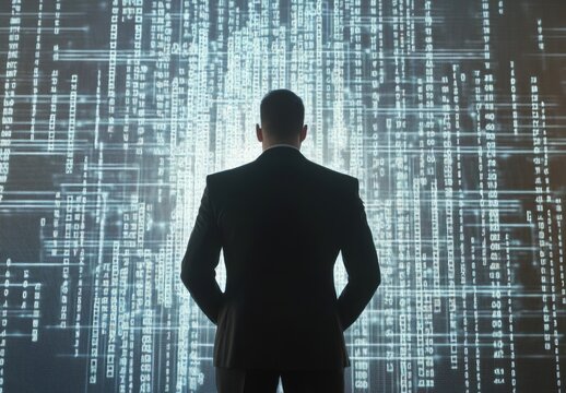 In front of a vast digital screen displaying intricate lines of code and various warning symbols, a person stands poised, contemplating the highlighted map of interconnected servers, embodying the unc