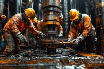 Workers assembling and maintaining drilling equipment on an oil rig