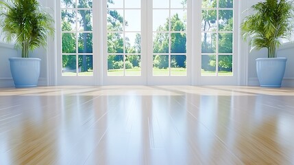 Fototapeta premium Bright Sunny Room Hardwood Floor French Doors Plants
