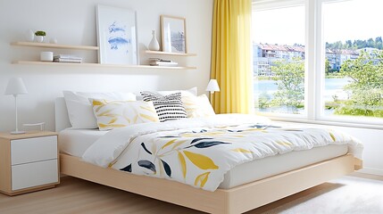 Modern Bedroom Interior Design  Light Wood Bed  Yellow Curtains  Lake View