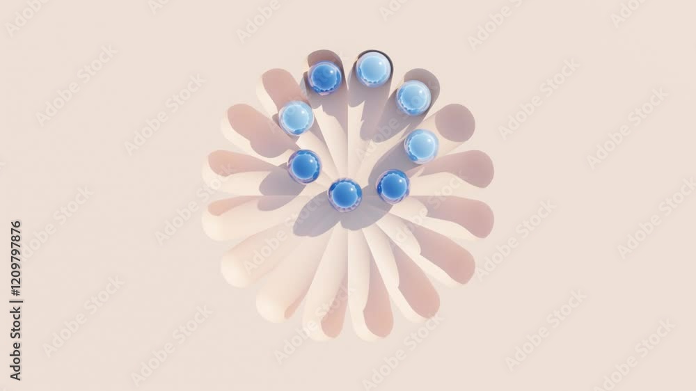 Poster abstract 3d blue and cyan spheres on soft peach background – minimalistic geometric motion loop for 