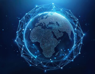 Floating blue plexus geometric. Blue futuristic background with planet Earth shape