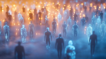 Obraz premium In a surreal landscape, numerous translucent figures walk toward a warm glow in the distance. The mist enhances the ethereal quality, creating a captivating atmosphere reminiscent of twilight.