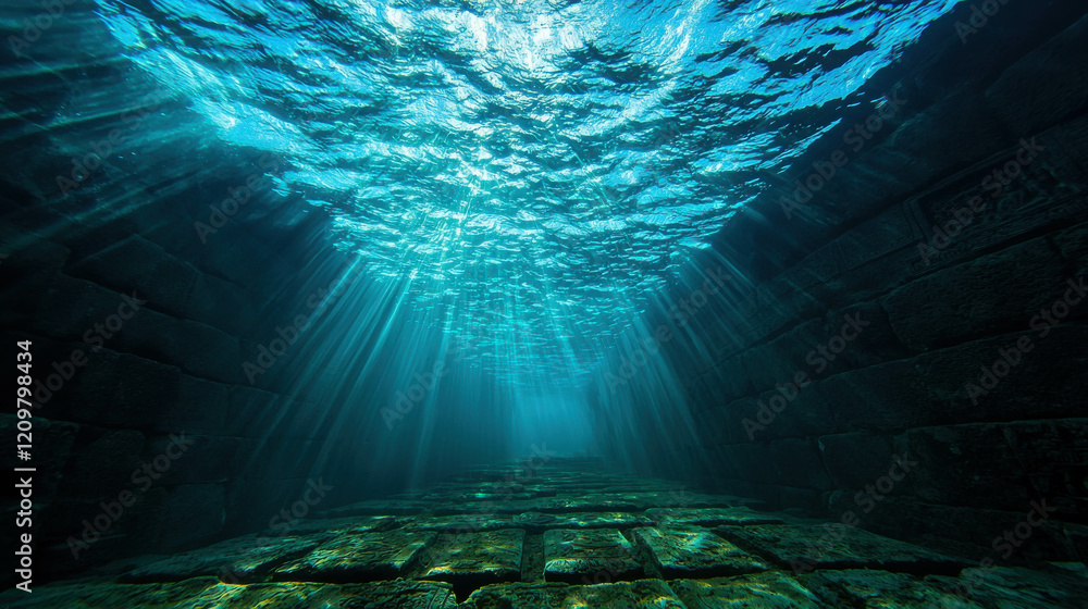 Poster colossal tidal wave frozen in time forming underwater scene with light reflection