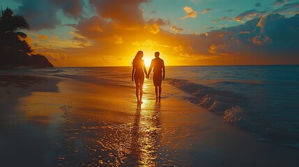 Fototapeta premium Romantic Couple Silhouette at Sunset Beach