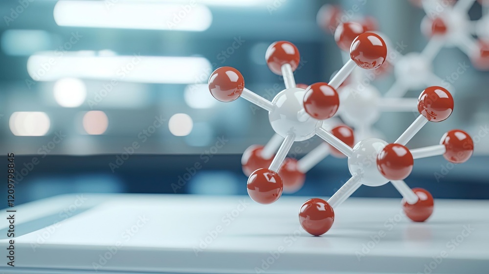 Aufkleber virtual education concept. close-up view of a molecular structure with red and white atoms on a labo