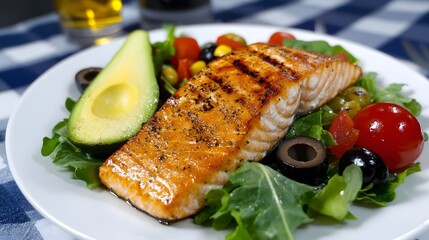 Grilled salmon salad plate, summer meal, restaurant background