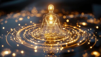 A glowing human silhouette surrounded by golden concentric energy rings