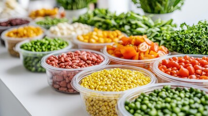 Fototapeta premium Plant based food concept. Colorful variety of fresh ingredients displayed in transparent bowls on a table.