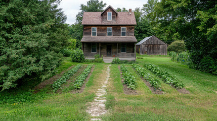 Fototapeta premium Cozy Farmhouse Surrounded by Lush Rows of Vegetables in a Serene Garden Landscape