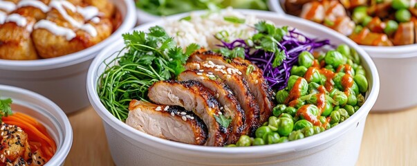 Meals delivery idea. Delicious bowl featuring grilled chicken, colorful vegetables, and rice for a healthy meal.