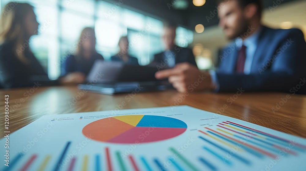 Poster business meeting with pie chart and bar graph on table surface