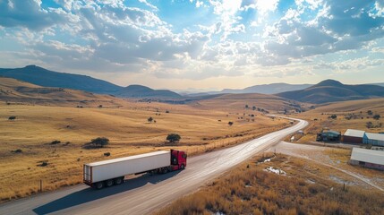 Fototapeta premium Truck Driving on Scenic Highway Surrounded by Open Landscapes