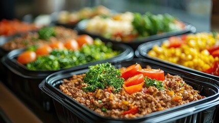 Meals delivery idea. Colorful meal prep containers with fresh ingredients and balanced nutrition.