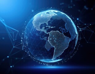 Fototapeta premium Floating blue plexus geometric. Blue futuristic background with planet Earth shape