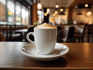 Fototapeta premium A coffee on the white cup in coffee shop cafe on the blur background image
