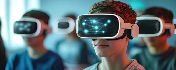 Online courses idea. Young individuals experience virtual reality in an immersive learning environment.