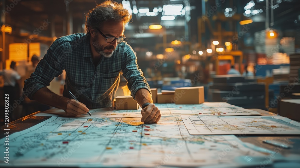 Poster man analyzing maps and schematics in industrial warehouse setting