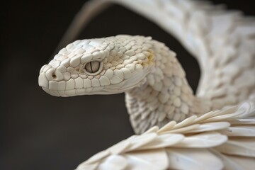 Fototapeta premium Winged snake with white scales and feathers emerging from a dark background, creating a mystical and surreal atmosphere